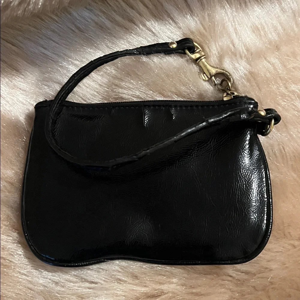 Coach Poppy Black Patent Leather Wristlet with Gold Accents